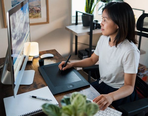 Female designer working from her home office. Okayama, Japan.